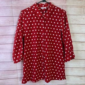 Susan Graver Red Blouse‎ White Polka Blouse Med